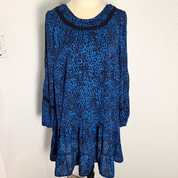 Time & Tru Blue & Black Leopard Print Dress, Black Embroidered Accents Sz Large - Picture 1 of 11